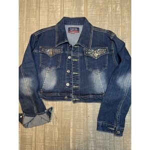 Impressions Blue Denim Style Jean Jacket Women's‎ Size XXL 2X Rhinestones Crop